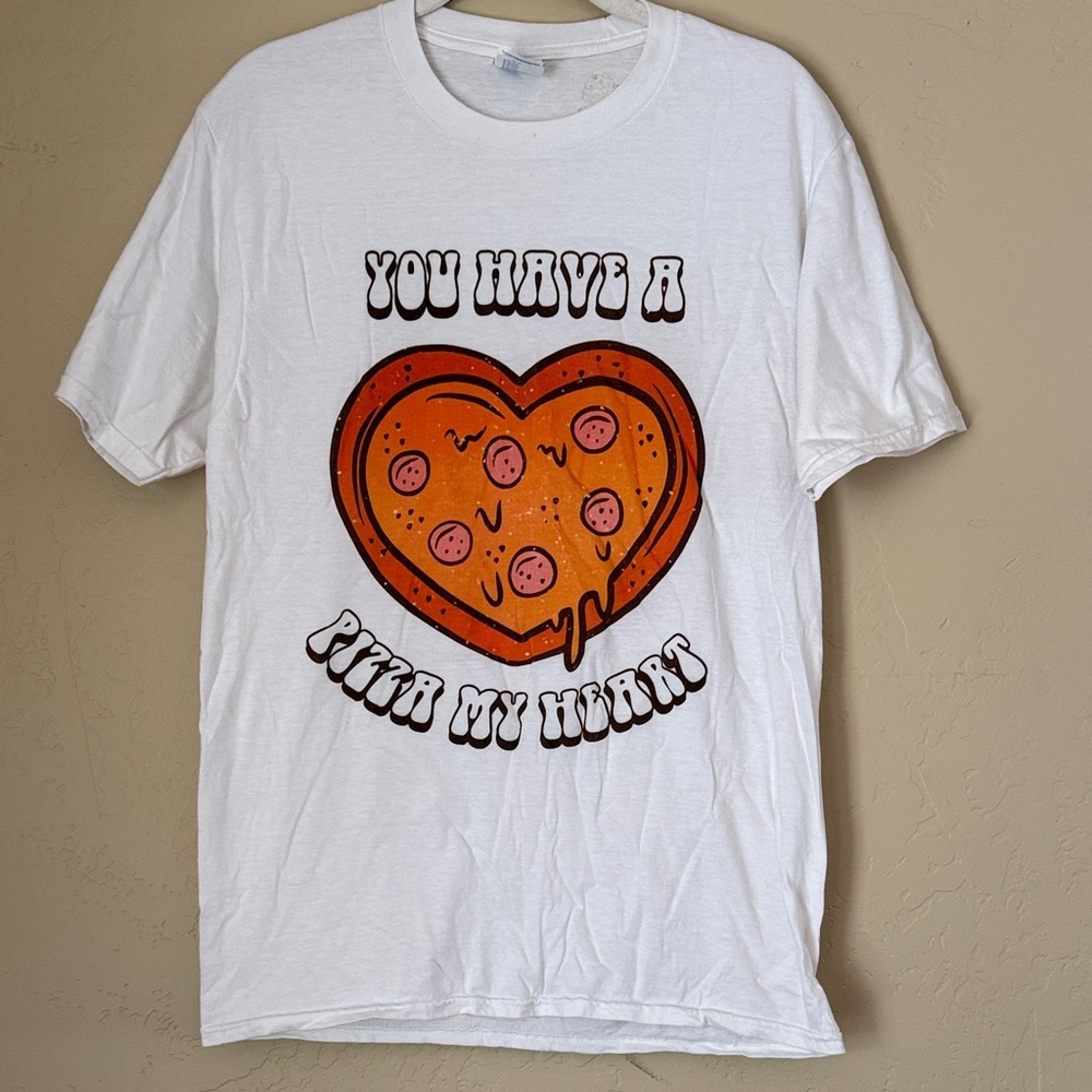 White Teacher T-Shirt with Pizza Heart Graphic